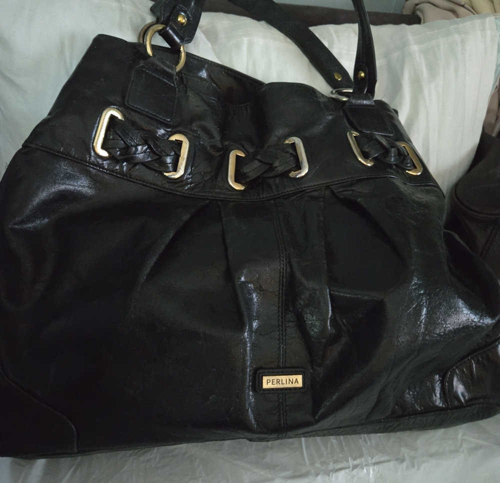 PERLINA DESIGNER Black Leather Shoulder Bag with Grommet Detail
